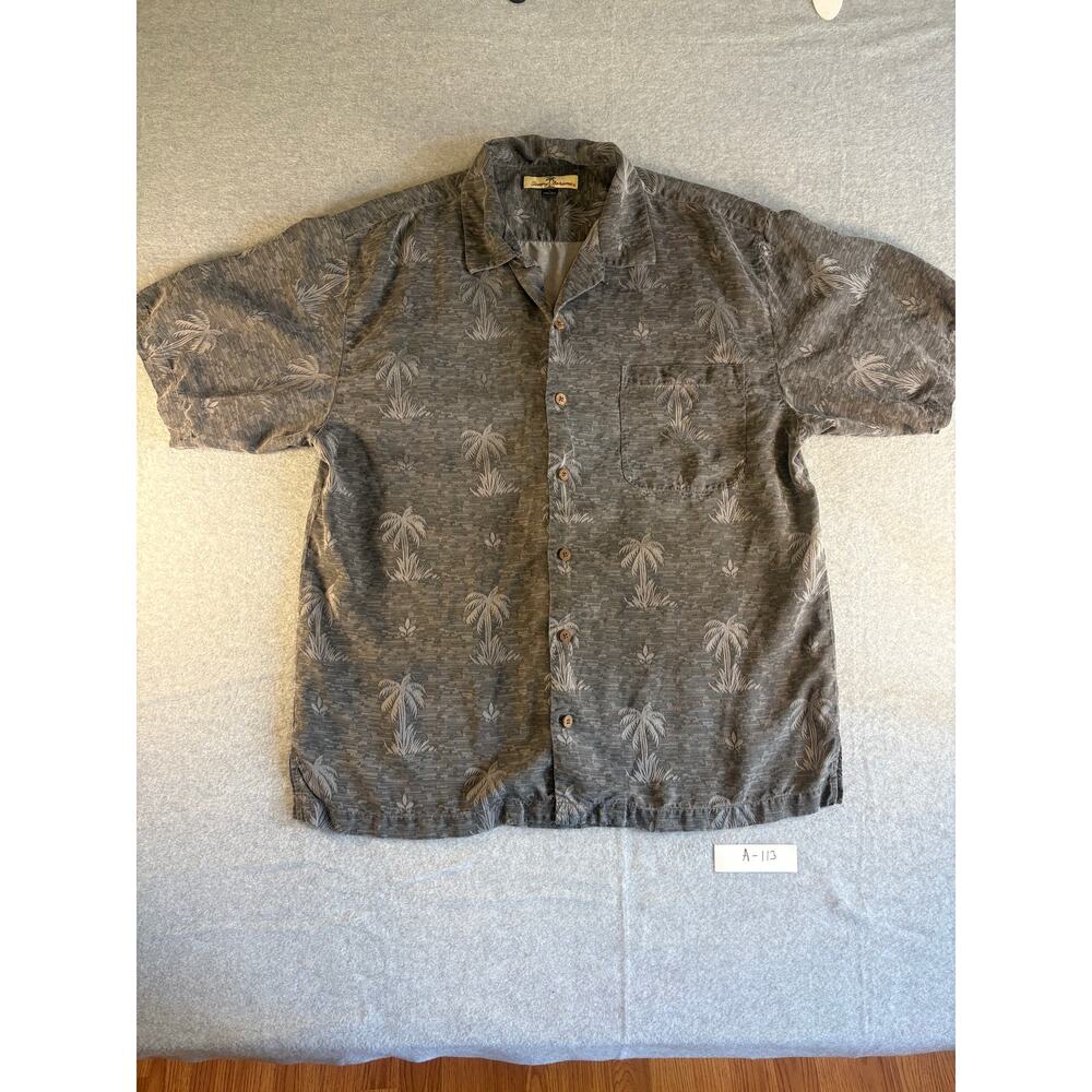 Tommy Bahama mens 100% silk button up shirt large grey  jacquard camp shirt